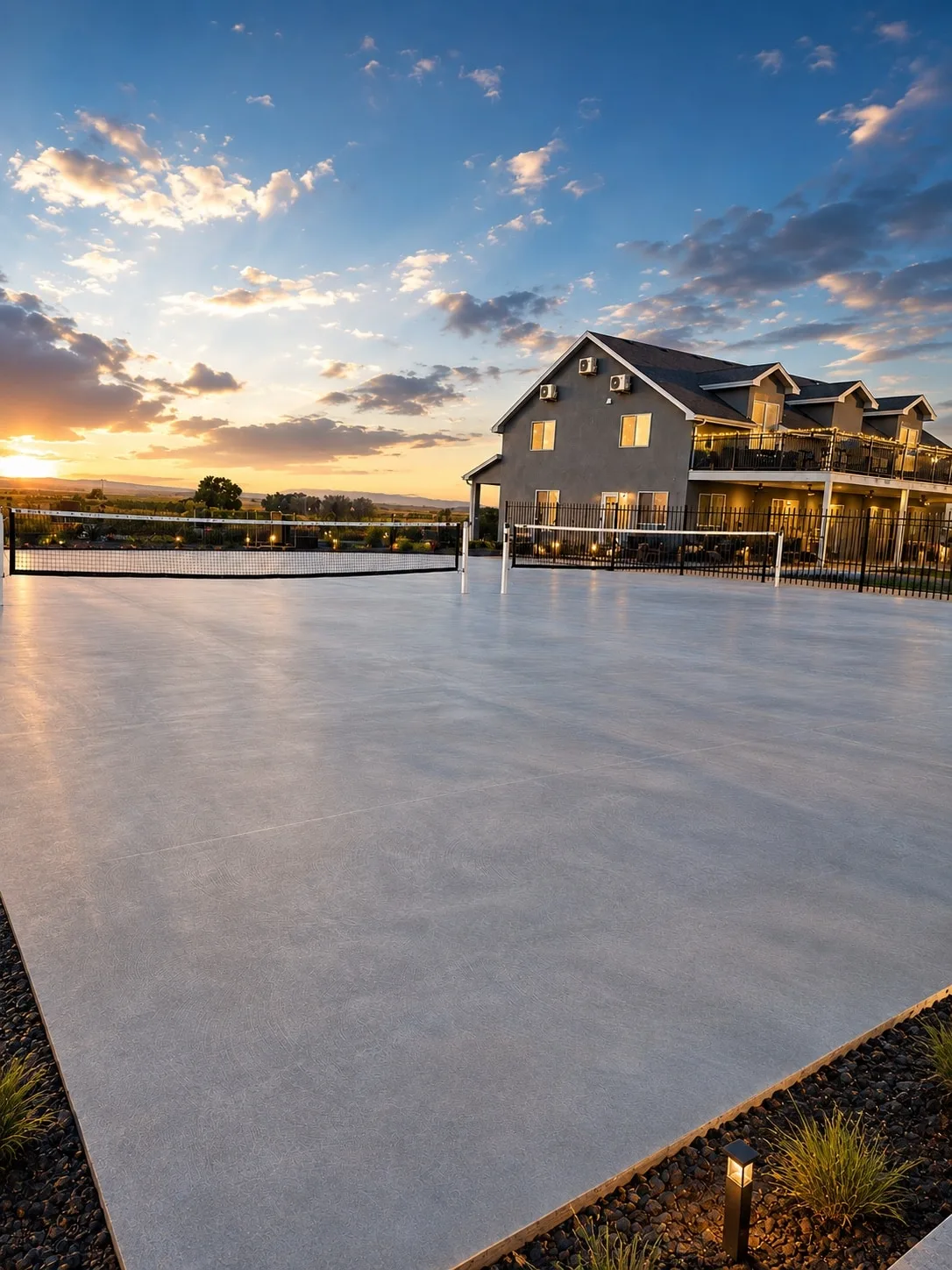 Full-size lit pickleball and volleyball court at Zion Luxury Retreat photographed at golden-hour sunset with the home glowing to the right.