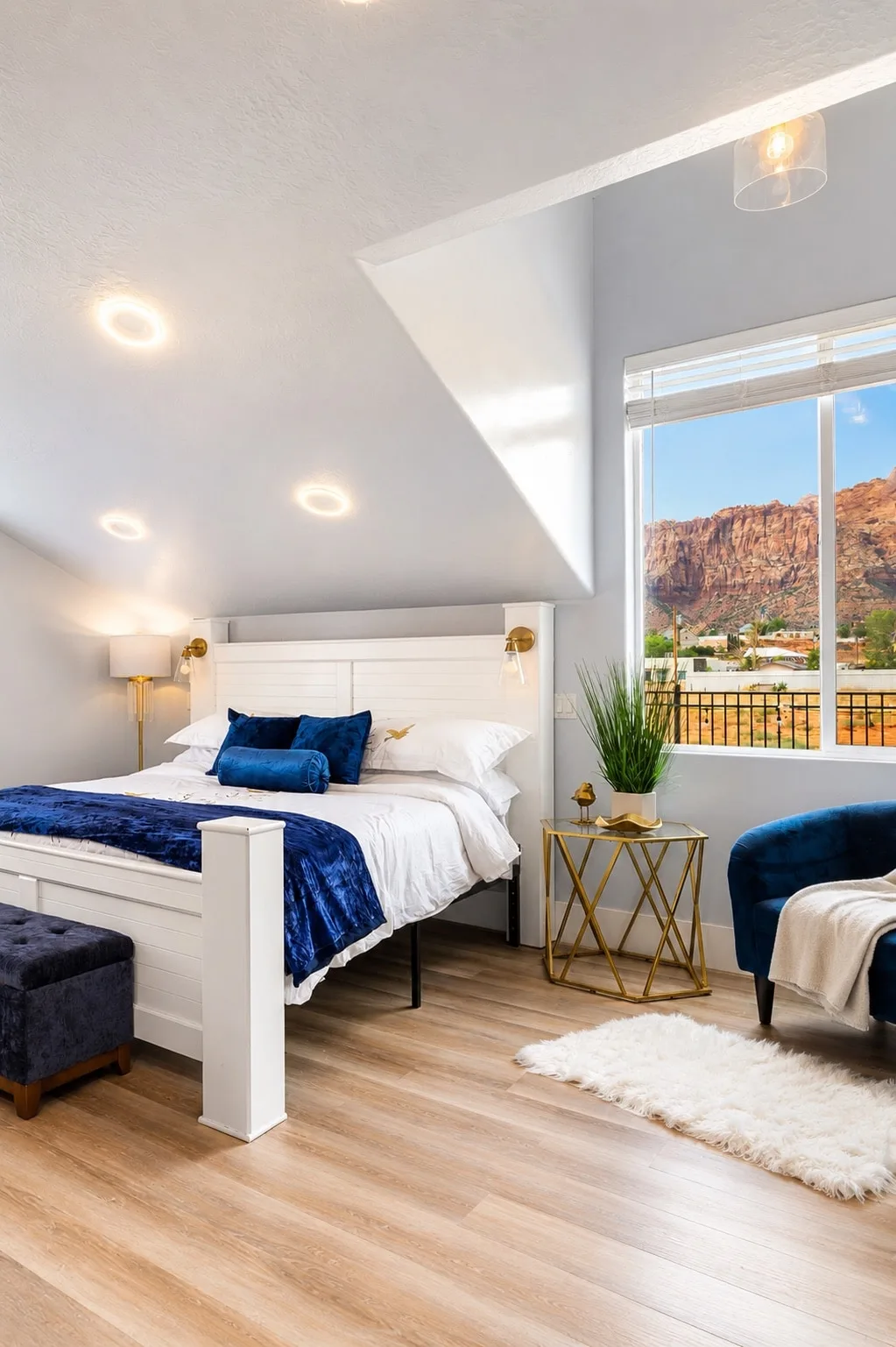 Master king bedroom in the Sky Suite with vaulted ceiling, dormer nook, navy velvet accents, and a picture window framing Colorado City's red rock cliffs.