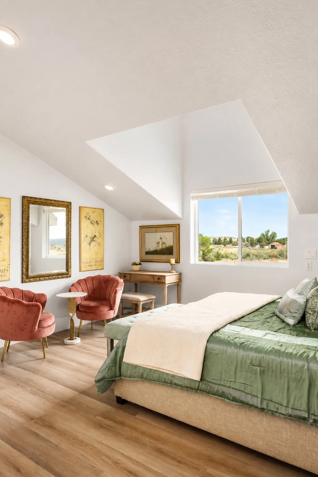 Airy vaulted Sky Suite bedroom with sage-green satin bedding, pink velvet accent chairs, French botanical prints, and a dormer alcove.
