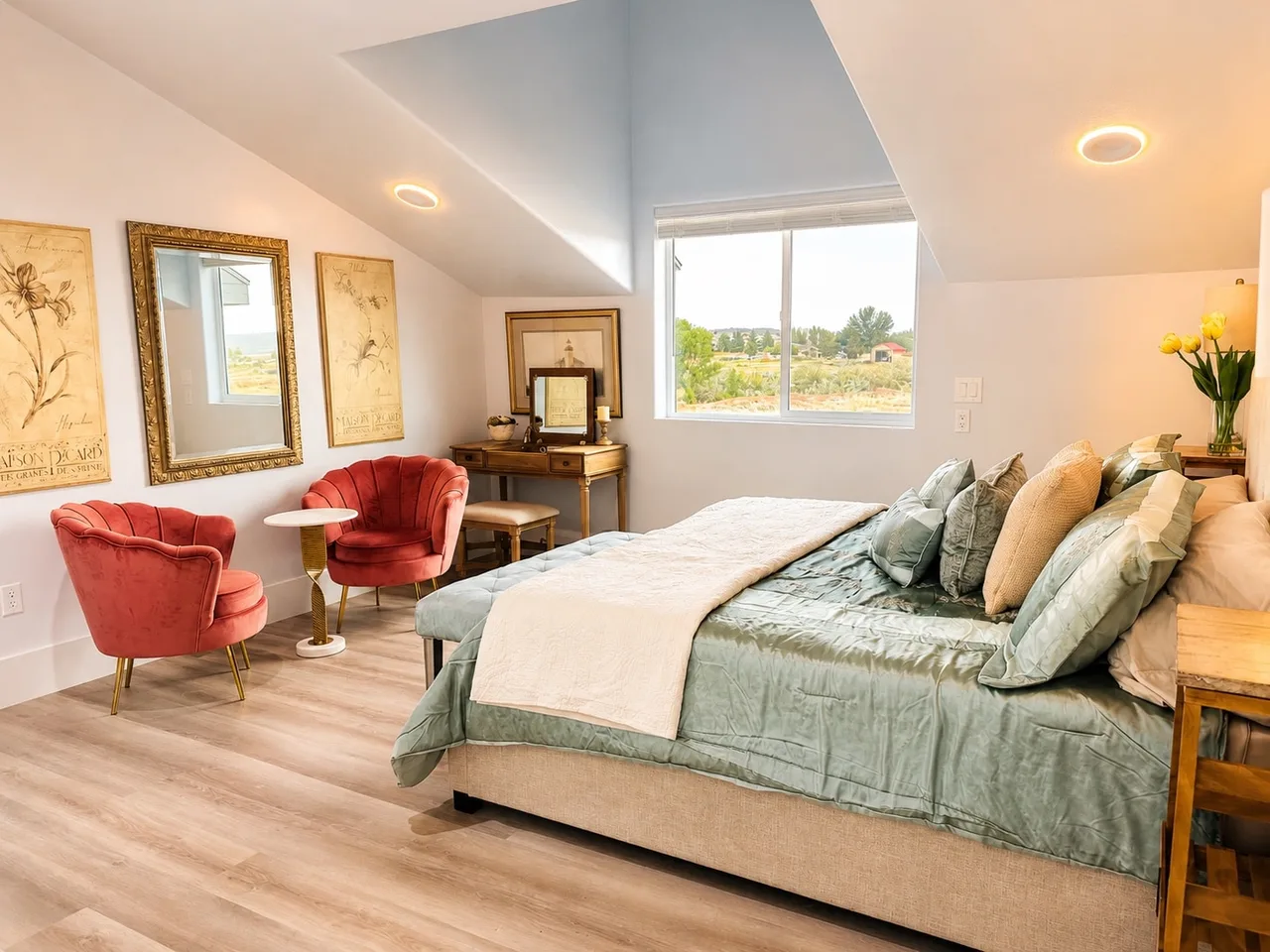 Vaulted-ceiling king bedroom in the Sky Suite with pink velvet accent chairs, a writing vanity, and sage-and-cream bedding.
