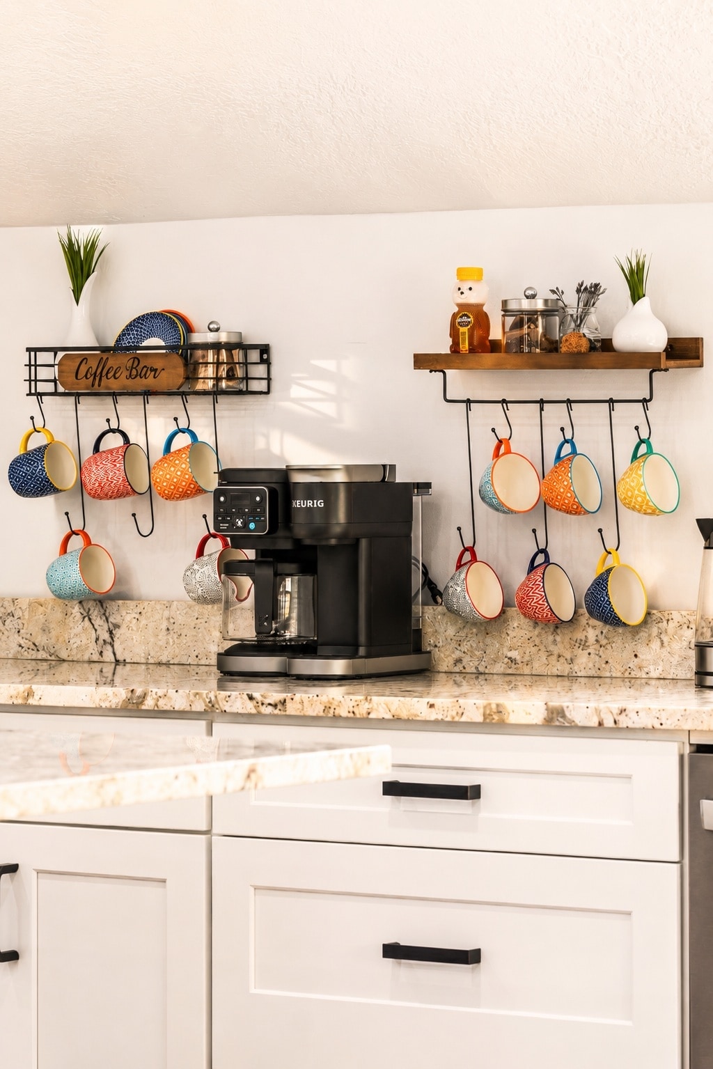 Coffee bar with hanging mugs