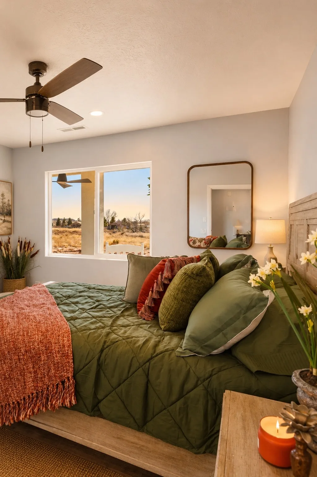Cozy Garden Suite bedroom with an olive-green quilt, rust-colored throw, and a driftwood headboard framed by golden-hour desert light.