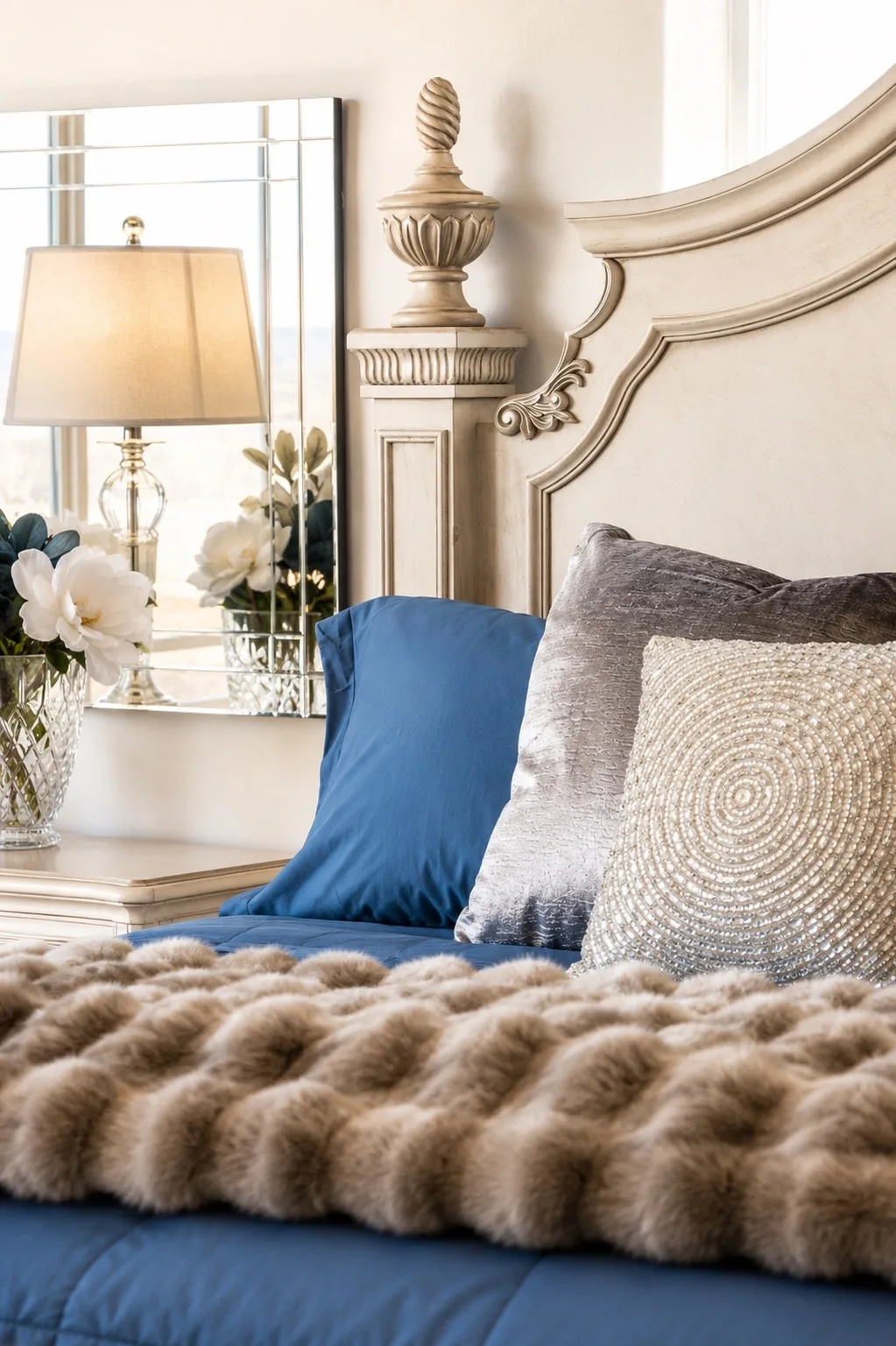 Textured bedding detail in the Garden Suite: silver velvet pillow, pearl-beaded accent, and a caramel faux-fur throw against the cream ornate headboard.