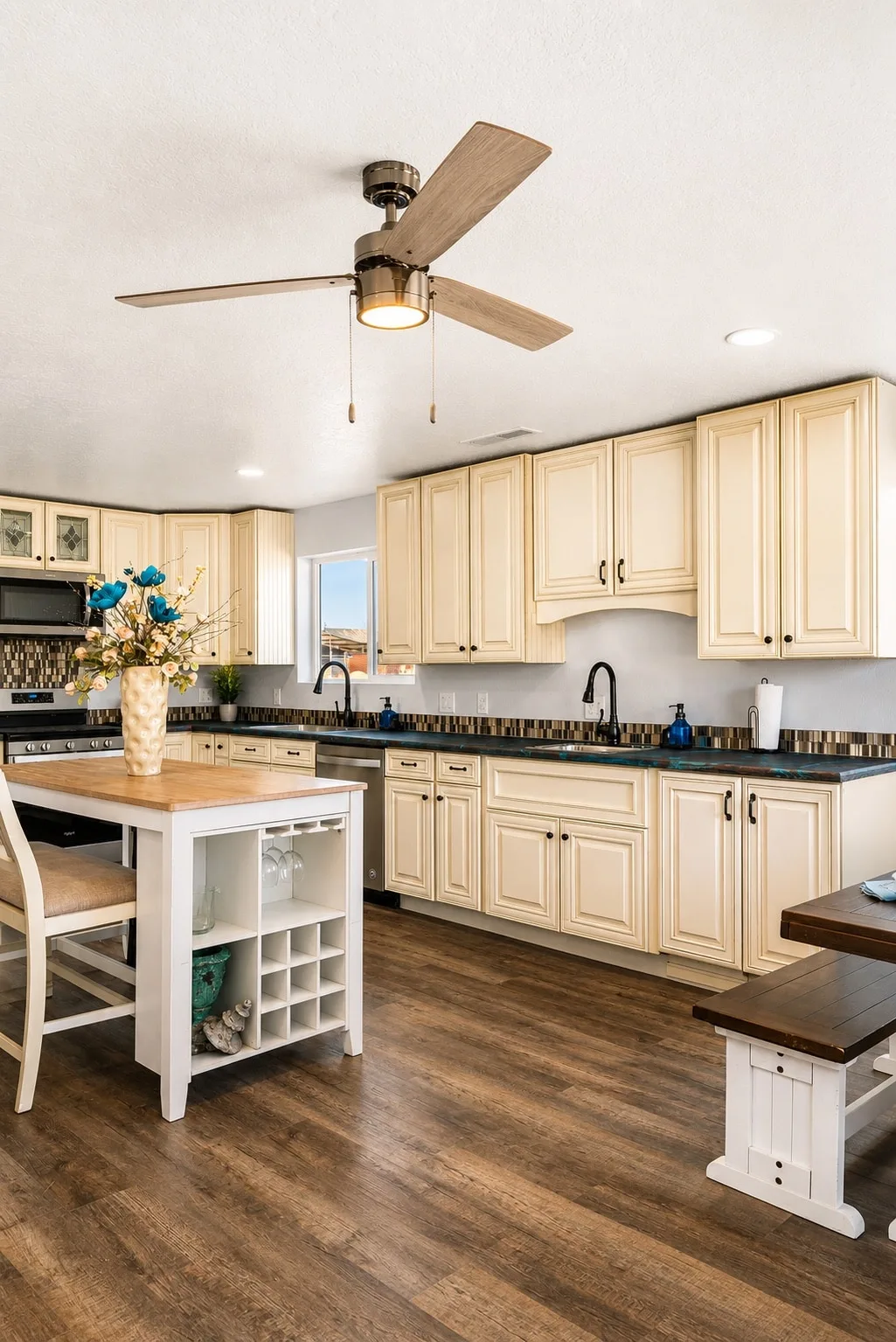 Wide view of the Garden Suite kitchen: cream cabinetry, butcher-block island with wine cubbies, dark stone counters, and a wood-blade ceiling fan.