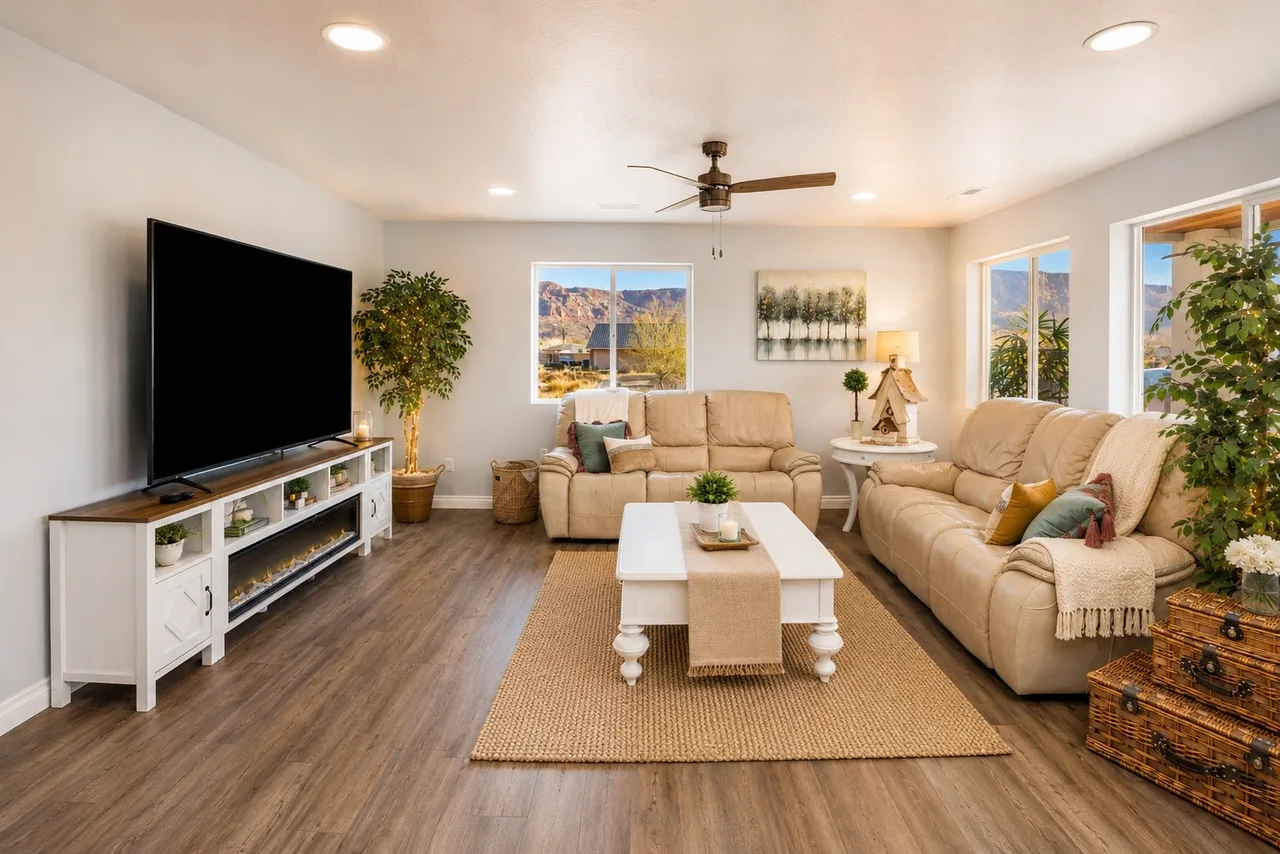 Garden Suite living room: dual cream leather reclining sofas facing an electric fireplace and large-screen TV, with three windows onto the red cliffs.